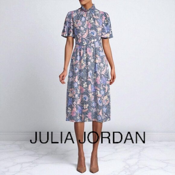Julia Jordan Flutter Sleeve Ruffle Mock Neck Midi Dress Floral Blue Size 6 - Picture 2 of 10